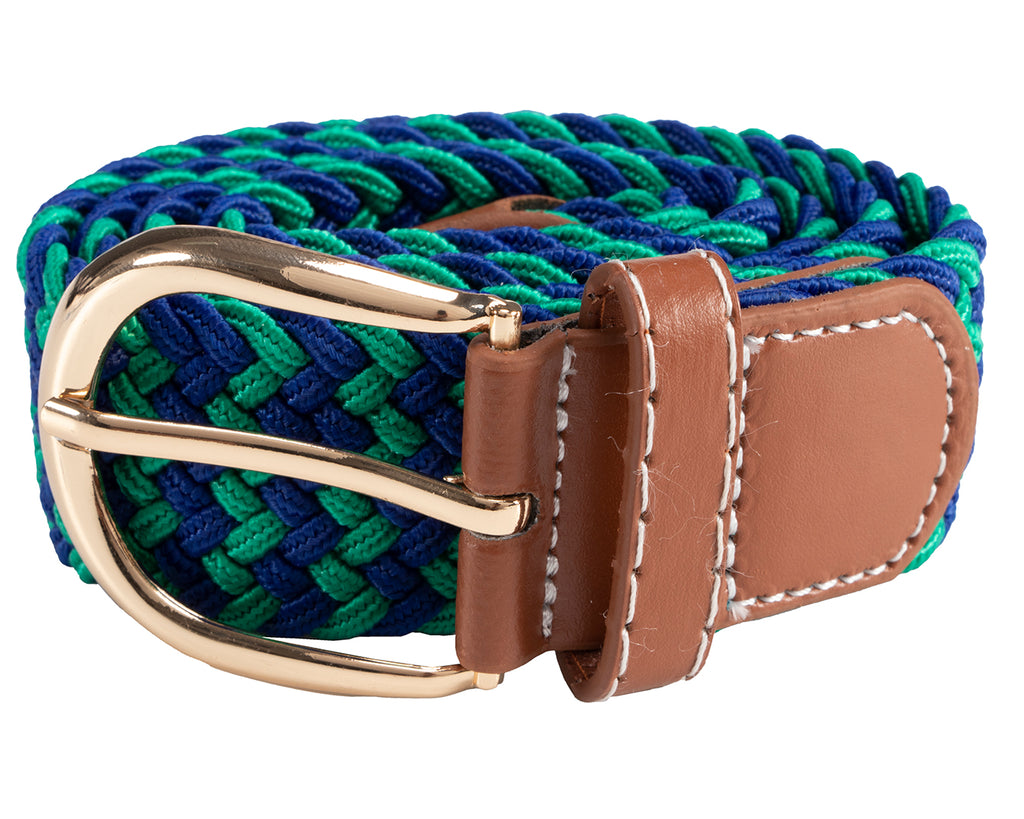  Huntington Braided Equestrian Belt, made from nylon stretch braid and features a brass buckle. It is 3cm wide and designed to be adjustable for a personalized fit. The braided design adds texture and visual interest to the belt