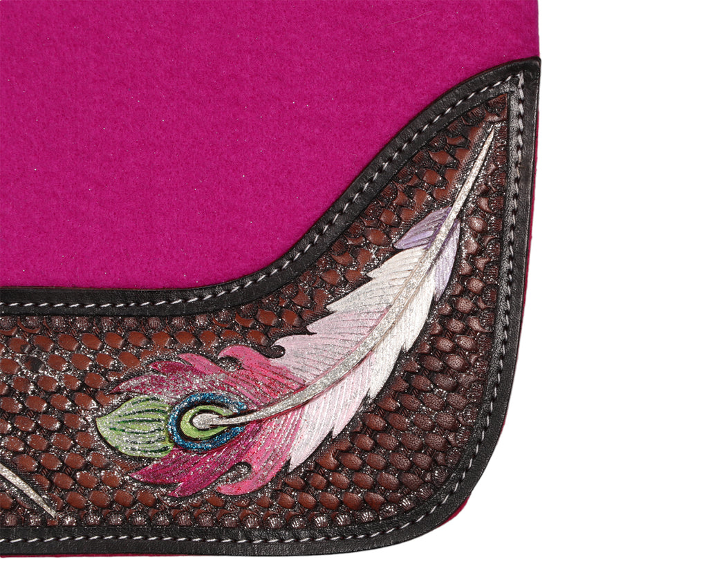 Fort Worth Feather Tooled Felt Saddle Pad - Pink with Detailing