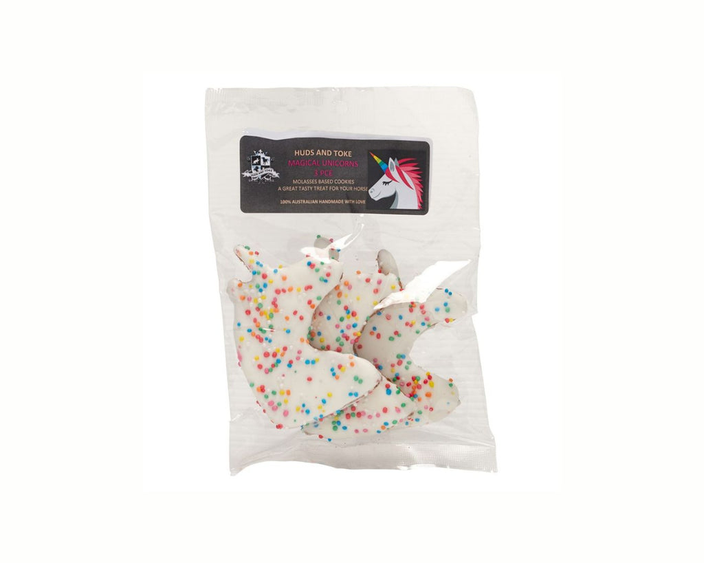 Happy Horse Training Treats Unicorn Cookies - Handmade and decorated unicorn-shaped cookies. Perfect for horse training and rewarding. Ingredients: Whole Wheat Flour, Oats, Molasses, Apple Cider Vinegar, Salt, Tapioca Flour, Sugar & Colouring. Pack of 3.