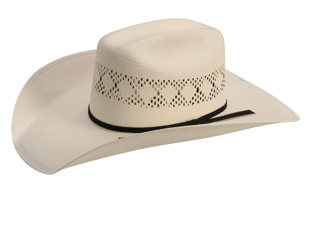 Gone Country Hats - Gillette Straw Hat: A close-up image of a creamy white shantung cowboy hat with a vented design. The hat has a lacquered surface and is water-resistant and UV-protective. It features a 4-inch brim and a 4-1/4 inch crown. The hat is made from premium 5bu Shantung straw and has a soft comfort fit sweatband. Available at Greg Grant Saddlery.