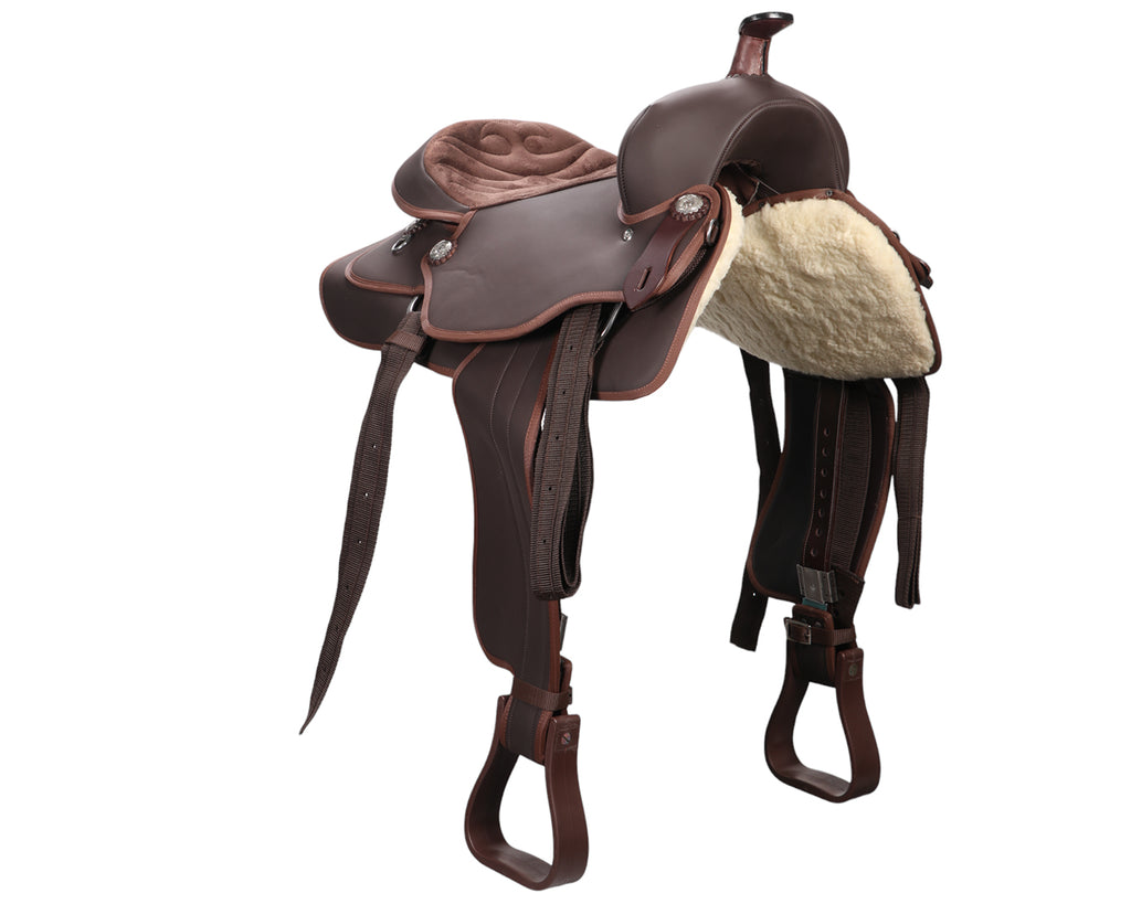 Texas-Tack Brown Synthetic Western Saddle, image from front side angle