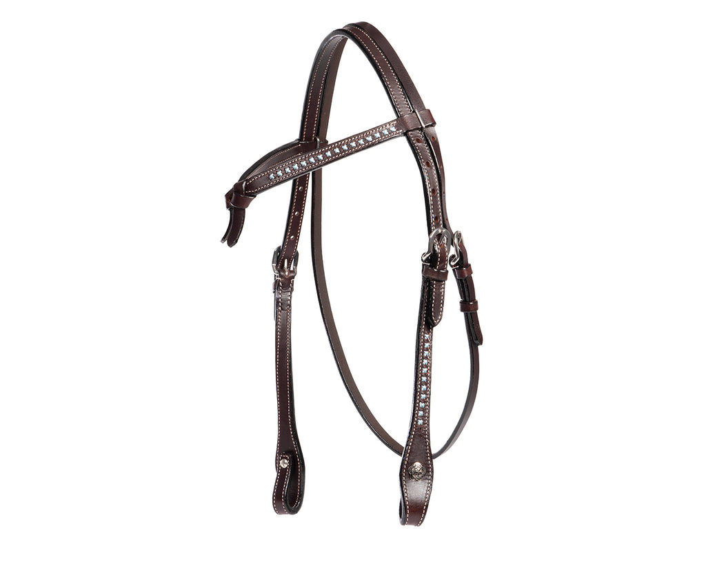 western dark leather headstall with green knotted stitches 