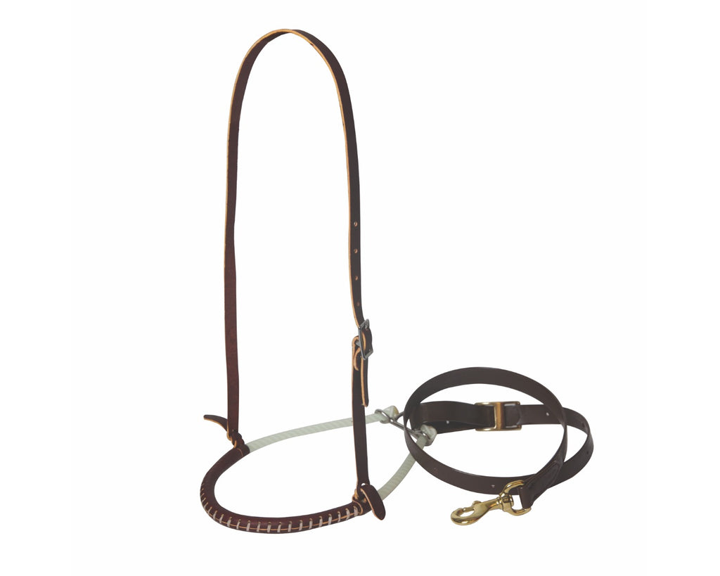 Professional's Choice Laced Tie Down Set. Features a hand-laced 3/8" leather wrapped rope noseband with a latigo crown and a 4' synthetic tie down strap.
