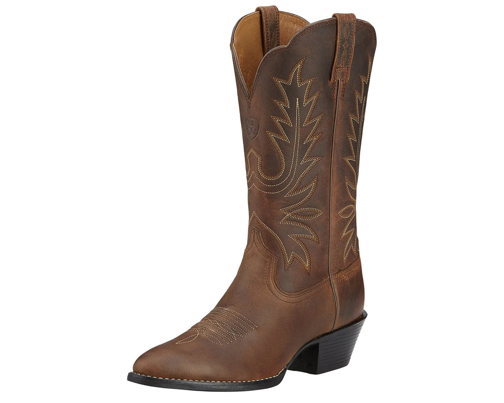 Heritage Western Womens Boots in a Distressed Brown colour with stylized golden brown stitching. With a rubber sole and heel.