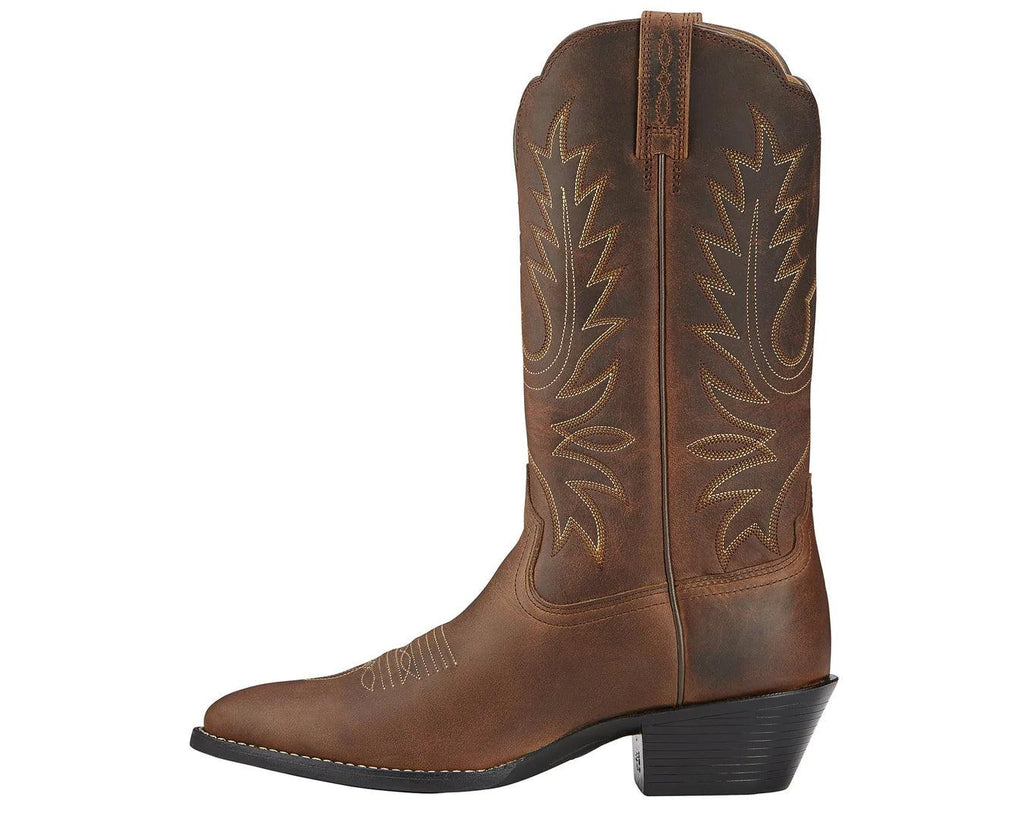 Heritage Western Womens Boots in a Distressed Brown colour with stylized golden brown stitching. With a rubber sole and heel.