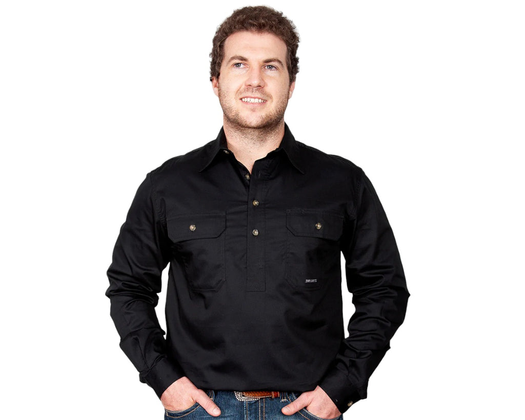 Just Country Cameron Half Button Work Shirt with Dual breast pockets that comes in a Black colour.