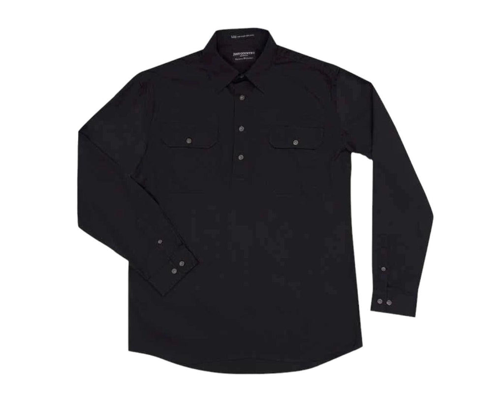 Just Country Cameron Half Button Work Shirt with Dual breast pockets that comes in a Black colour.