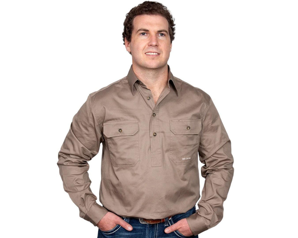 Just Country Cameron Half Button Work Shirt with Dual breast pockets that comes in a Brown colour.