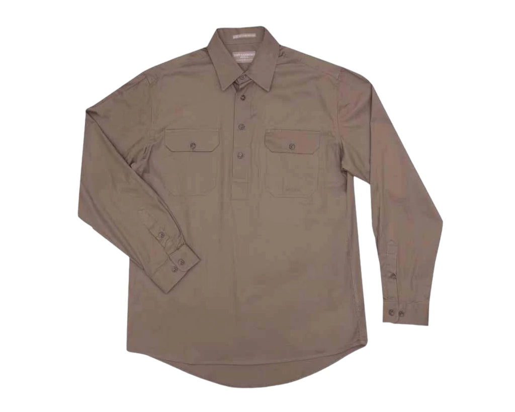 Just Country Cameron Half Button Work Shirt with Dual breast pockets that comes in a Brown colour.
