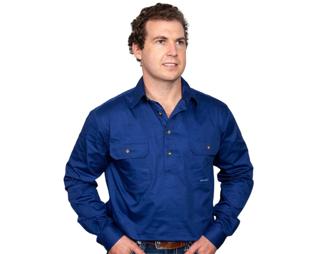 Just Country Cameron Half Button Work Shirt with Dual breast pockets that comes in a Cobalt Blue colour.