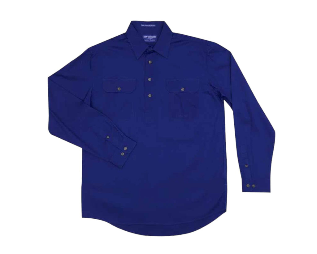 Just Country Cameron Half Button Work Shirt with Dual breast pockets that comes in a Cobalt Blue colour.