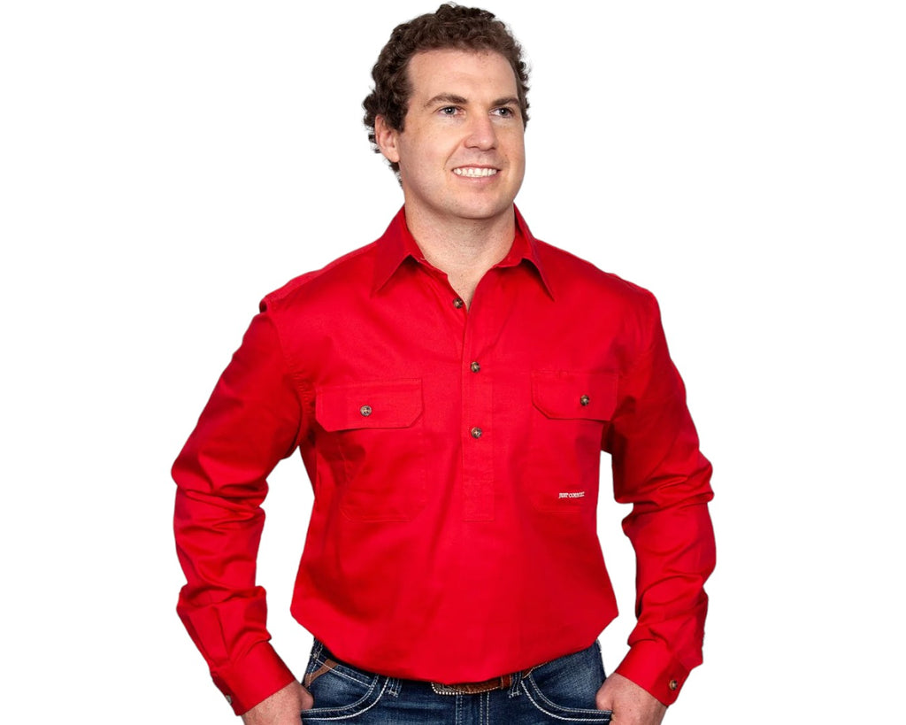 Just Country Cameron Half Button Work Shirt with Dual breast pockets that comes in a Chilli Red colour.