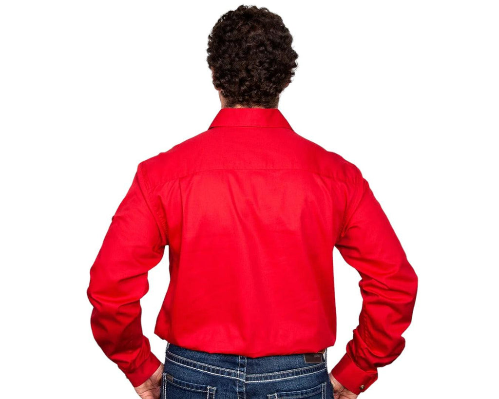 Just Country Cameron Half Button Work Shirt with Dual breast pockets that comes in a Chilli Red colour.