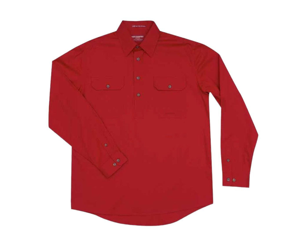 Just Country Cameron Half Button Work Shirt with Dual breast pockets that comes in a Chilli Red colour.