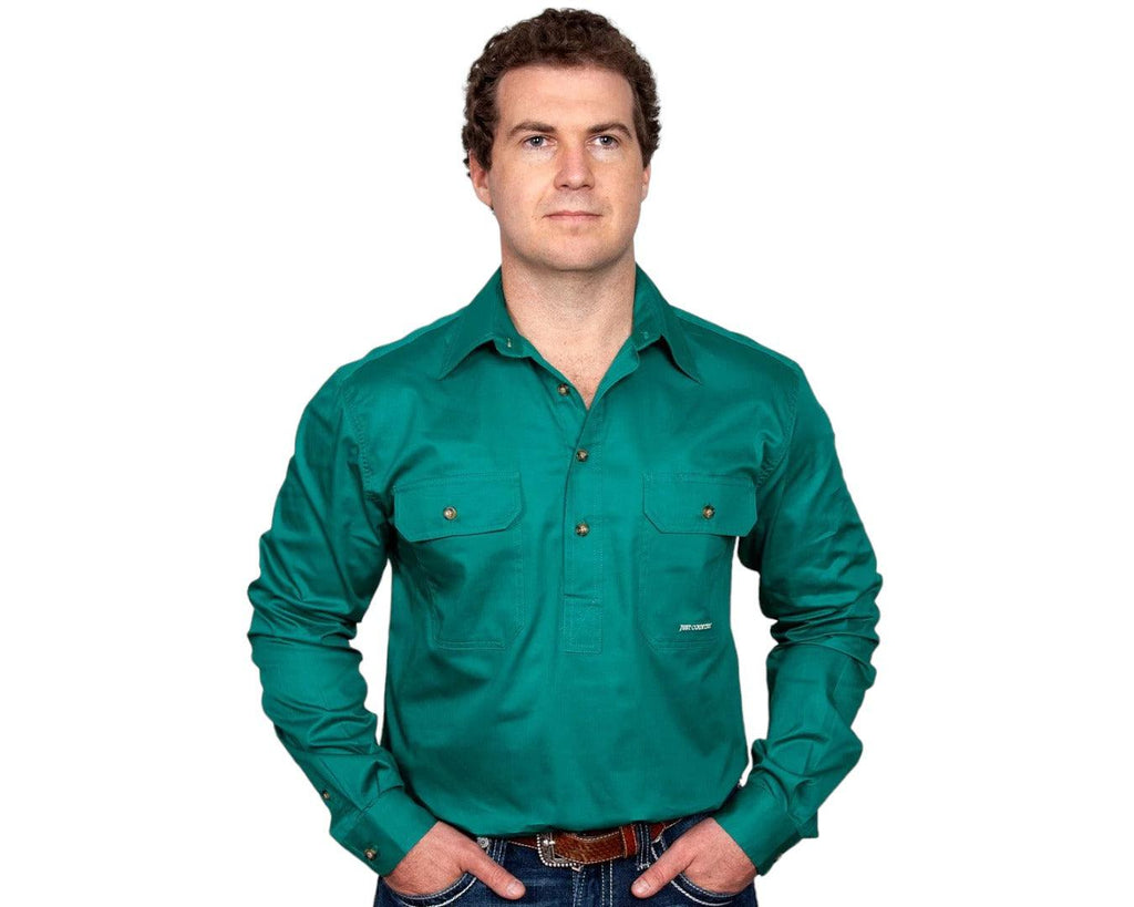 Just Country Cameron Half Button Work Shirt with Dual breast pockets that comes in a Dark Green colour.