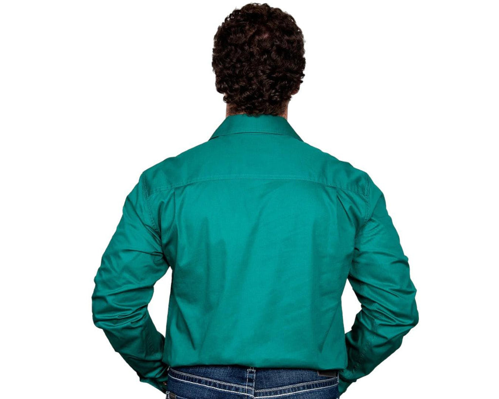 Just Country Cameron Half Button Work Shirt with Dual breast pockets that comes in a Dark Green colour.