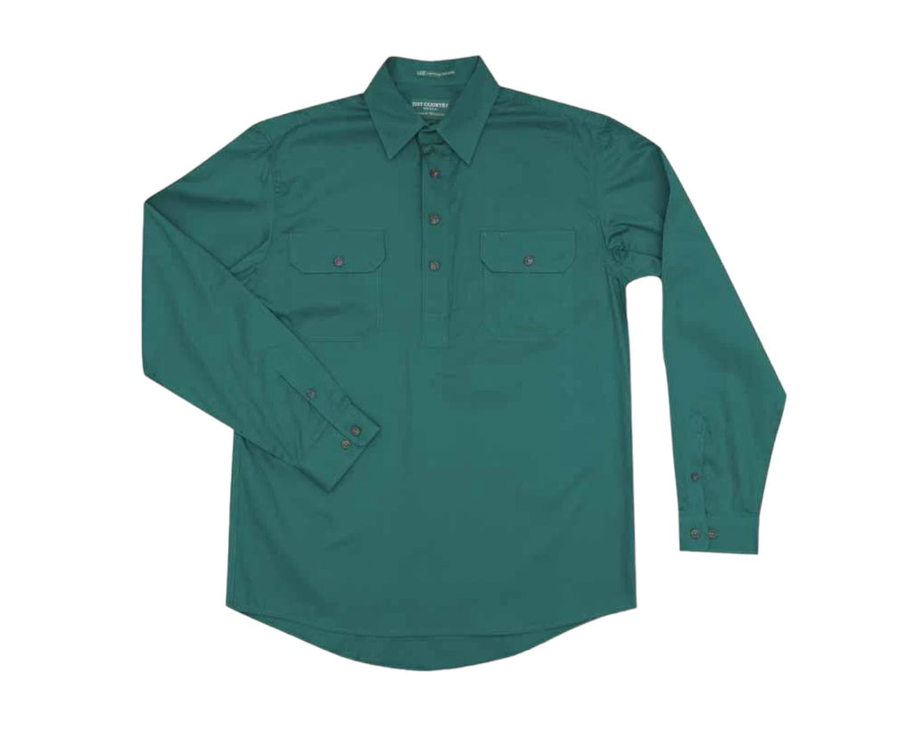 Just Country Cameron Half Button Work Shirt with Dual breast pockets that comes in a Dark Green colour.