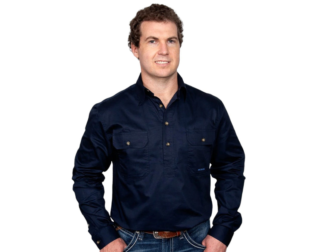 Just Country Cameron Half Button Work Shirt with Dual breast pockets that comes in a Navy colour.