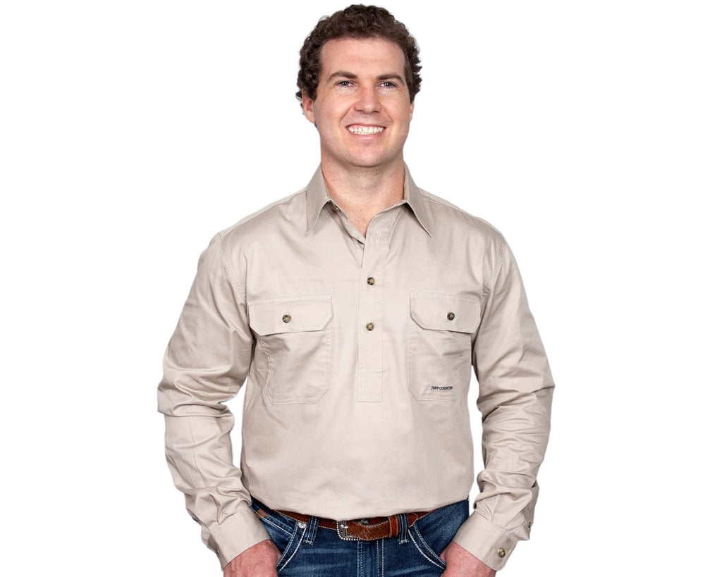 Just Country Cameron Half Button Work Shirt with Dual breast pockets that comes in a Stone colour.