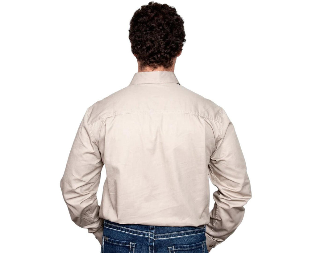 Just Country Cameron Half Button Work Shirt with Dual breast pockets that comes in a Stone colour.