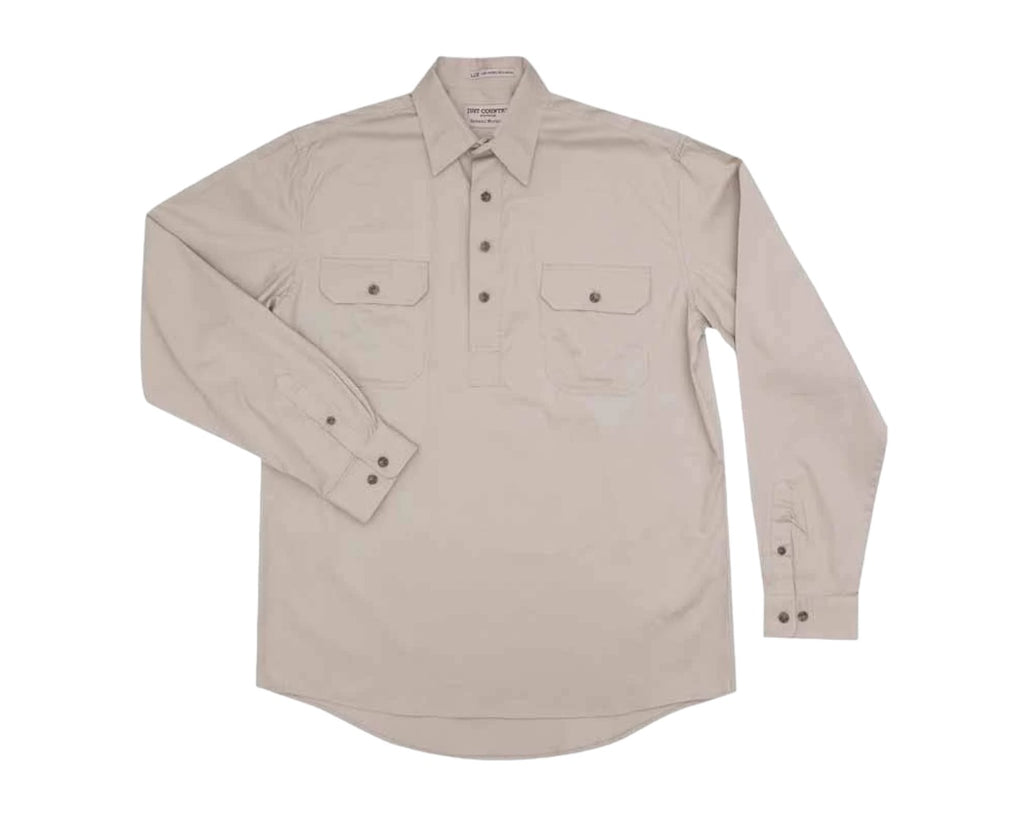 Just Country Cameron Half Button Work Shirt with Dual breast pockets that comes in a Stone colour.