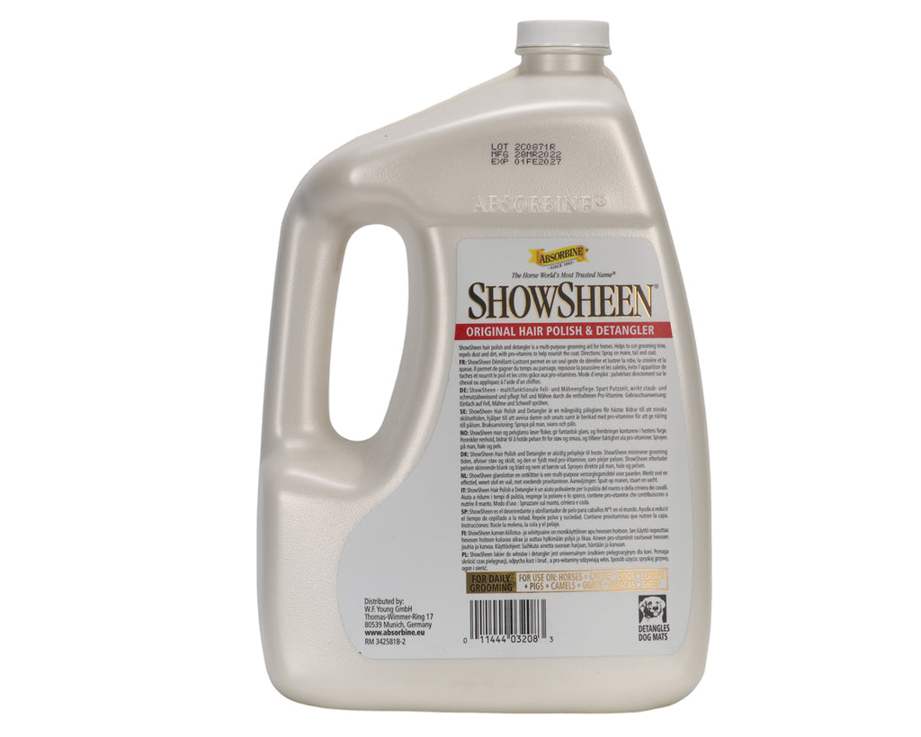 Absorbine ShowSheen® Hair Polish & Detangler 3.8L - ideal to help unravel knots in manes and tails, and if you apply it to your horse's coat, it dries to a lovely, natural sheen for muscle definition
