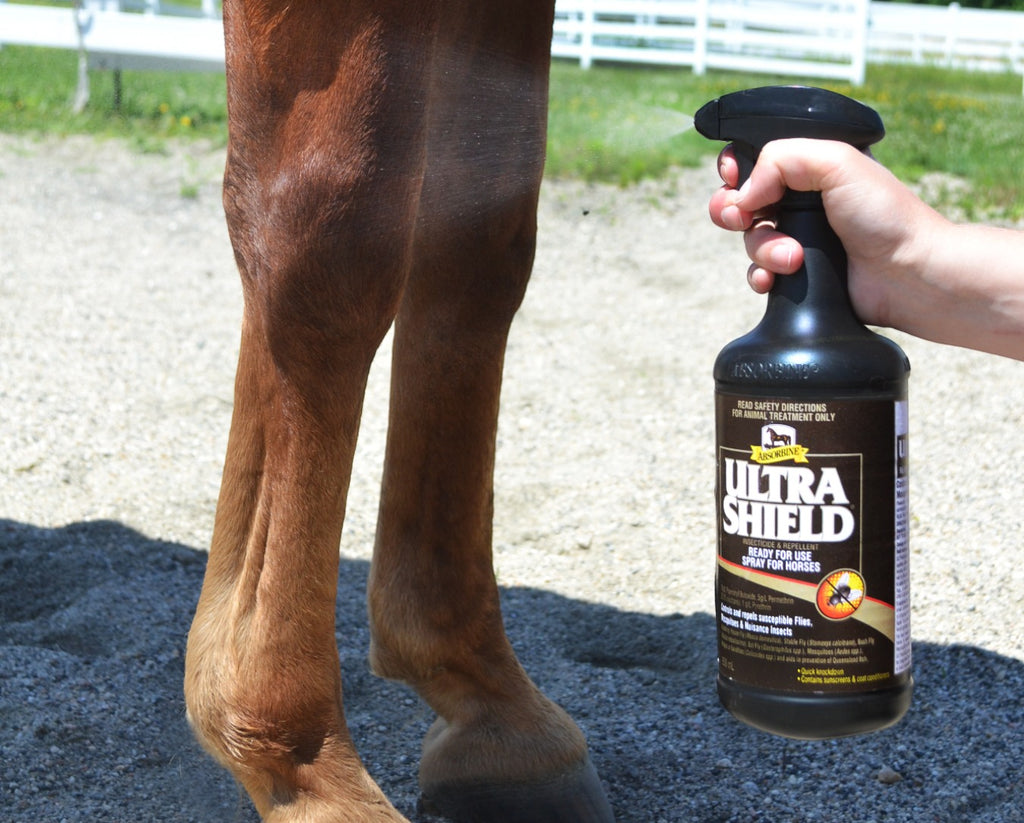 Absorbine UltraShield Insecticide & Repellent for horses, image shows Absorbine UltraShield Fly Spray & Insect Repellent being sprayed on a horse's legs to keep the flies away