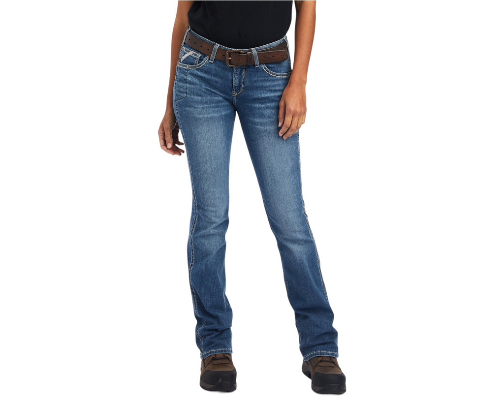 Ariat Ladies Rebar Riveter Boot Cut Jeans - Perfect Rise fit that hits right where you want it to—not too high, not too low—and delivers the coverage you need while bending or kneeling making this jean perfect for farm or construction work