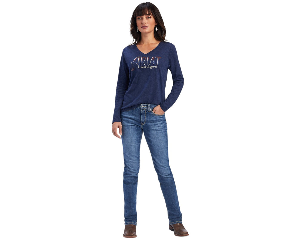 Ariat Ladies Real Relaxed Tee in Navy - v neck with a relaxed fit