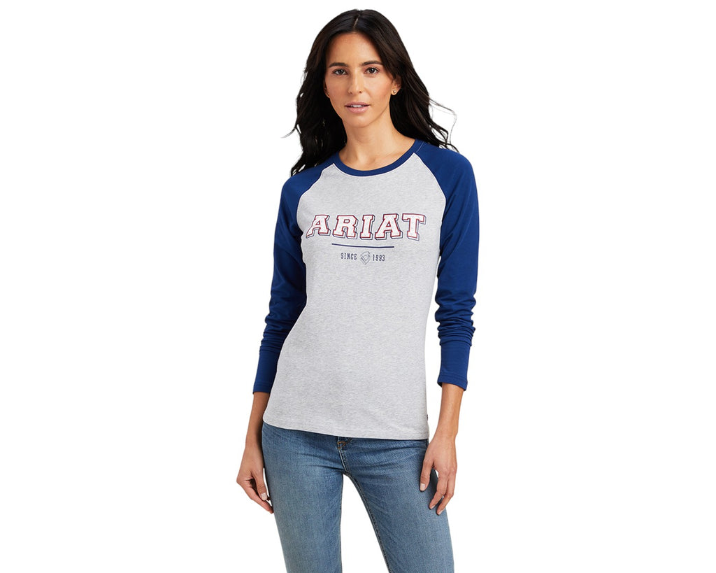 Ariat Ladies Varsity Tee - constructed from organic cotton for a comfortable and relaxed fit, this is a Monday through Sunday staple worth stockpiling