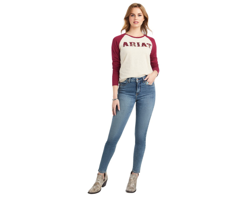 Ariat REAL Baseball Shirt in Oatmeal/Red - made of 95% Cotton, 5% Spandex