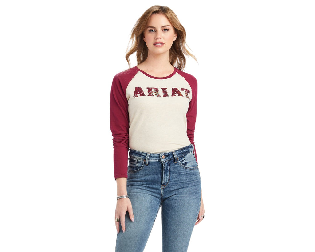Ariat REAL Baseball Shirt in Oatmeal/Red - Ariat logo and soft jersey fabric make this classic baseball tee a go-to for everyday wear