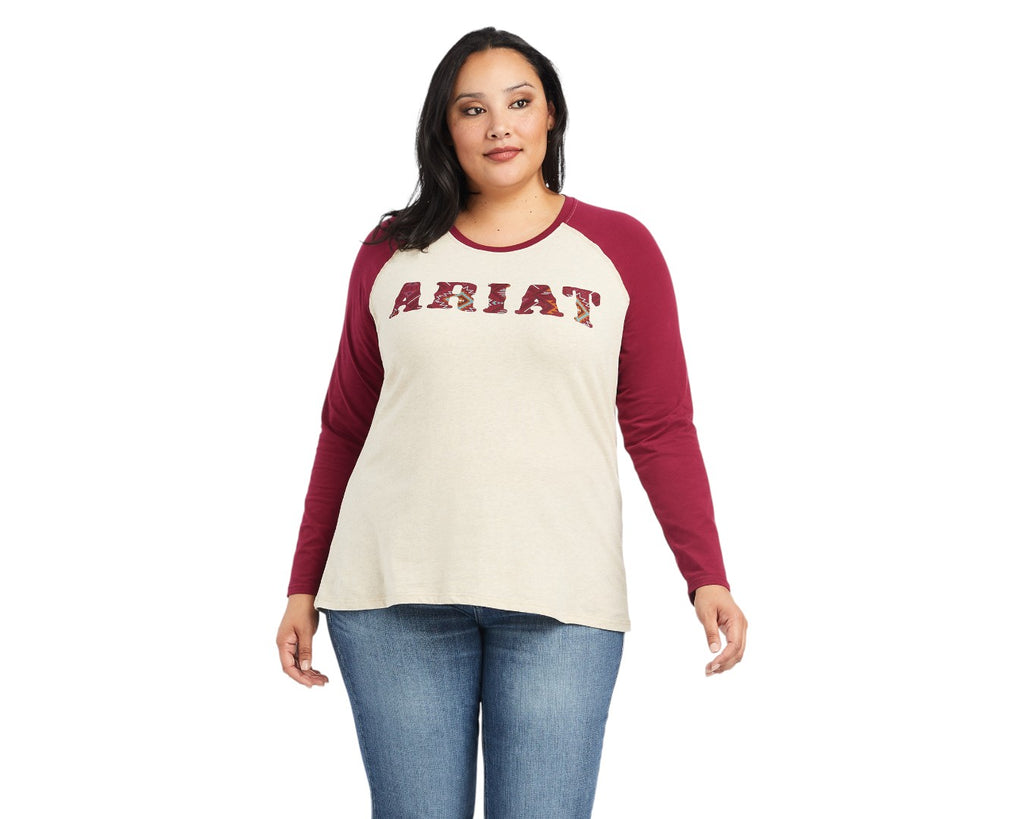 Ariat REAL Baseball Shirt in Oatmeal/Red - Front screen print graphic