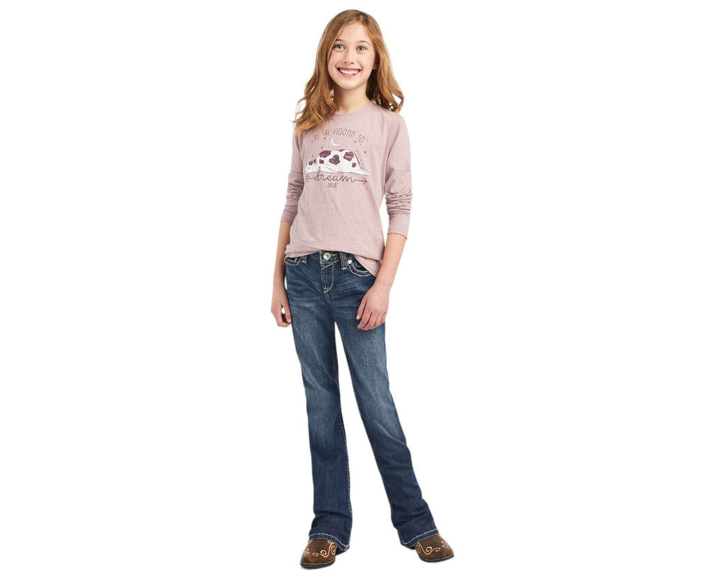 Ariat Kids REAL Dreaming Mood Shirt in Rose Pink - screen print front and crew neck style