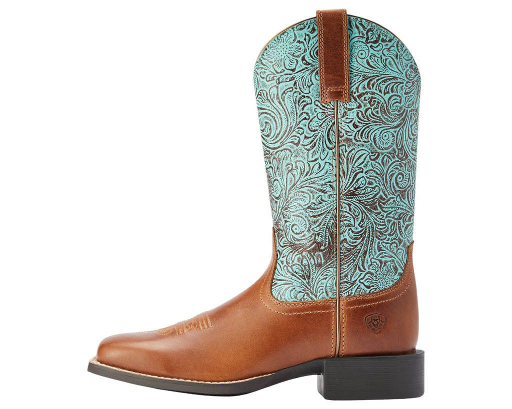 Ariat Ladies Round Up Wide Square Toe Boot in Brown/Turquoise - Moisture wicking lining