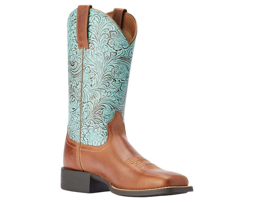 Ariat Ladies Round Up Wide Square Toe Boot in Brown/Turquoise - Lightweight shank for support