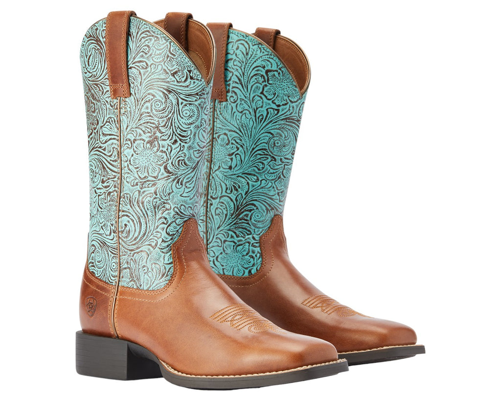Ariat Ladies Round Up Wide Square Toe Boot in Brown/Turquoise - Duratread outsole for maximum wear resistance