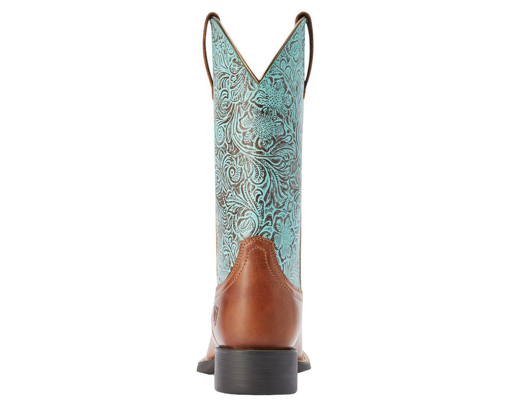 Ariat Ladies Round Up Wide Square Toe Boot in Brown/Turquoise - Pull tabs for easy pull on