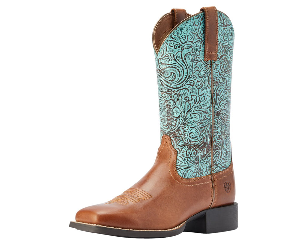 Ariat Ladies Round Up Wide Square Toe Boot in Brown/Turquoise - 4LR with all day countoured cushioning insole