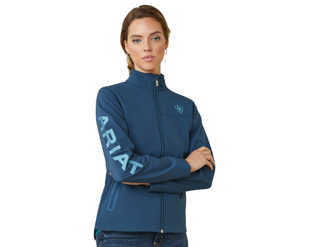 Ariat New Team Softshell Jacket in Deep Petroleum - Softshell stretch nylon with microfleece backing for heat retention made of 92% Polyester, 8% Spandex