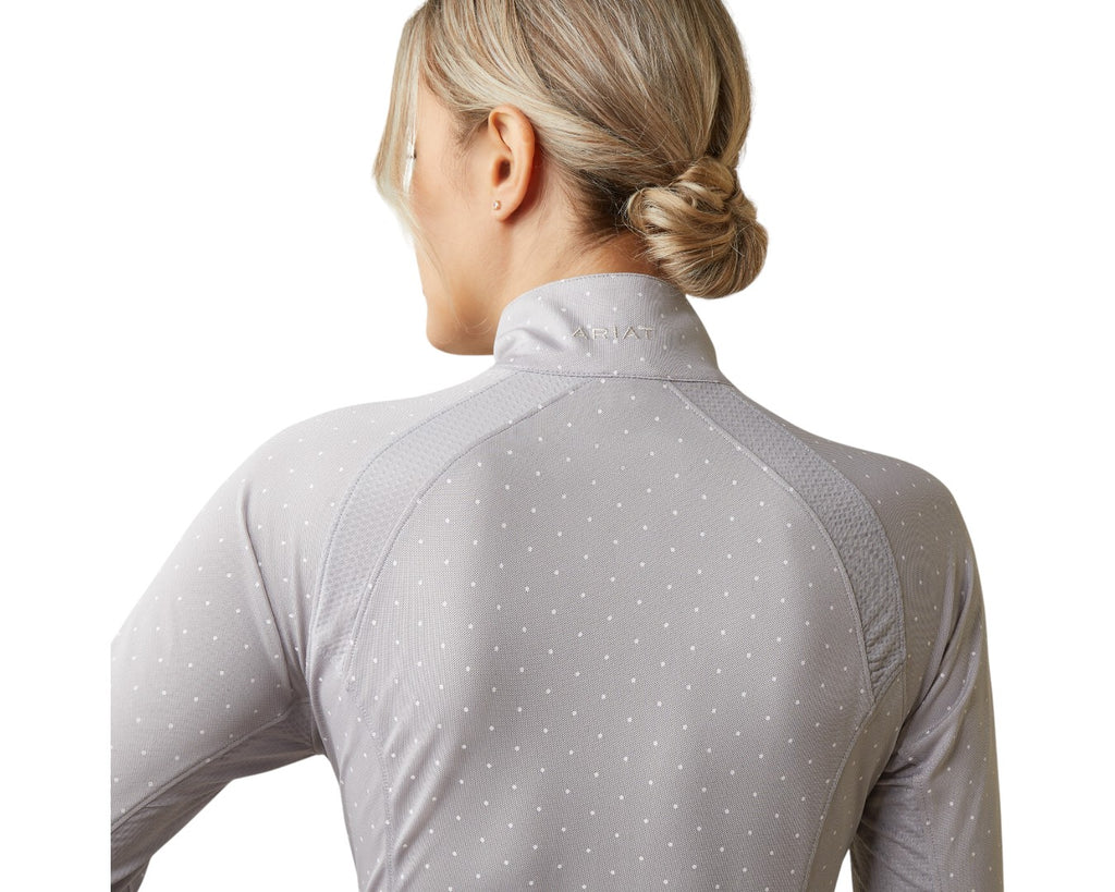 Ariat Ladies Sunstopper in Silver Sconce Dot - with Sun Protection Fabric™ with UPF rating of 45, mock collar with ¼ zip styling, lightweight pique knit and breathable mesh paneling