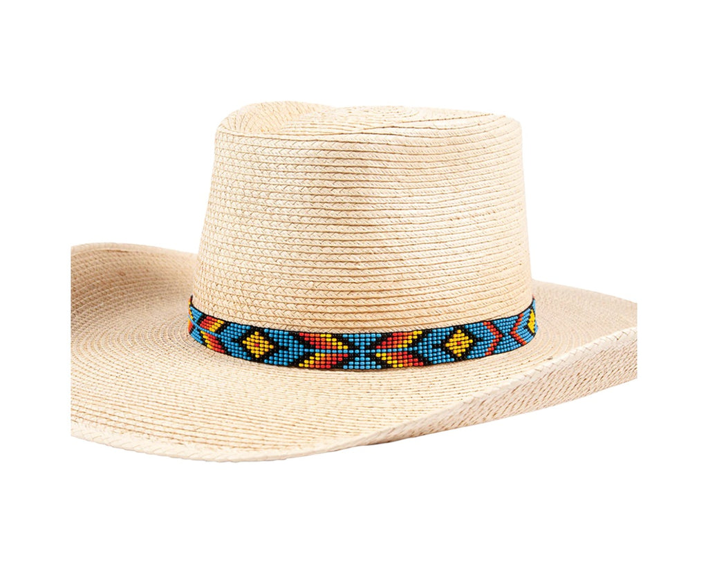 Blue, Black, Yellow and Red Bead Hat Band in an Aztec Pattern
