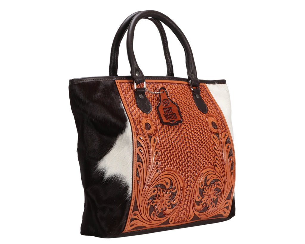 Fort Worth Tooled Handbag w/Cowhide - provides the ultimate blend of style and durability with genuine leather and cowhide