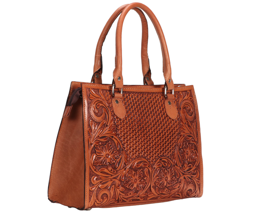 Fort Worth Tooled Handbag - handcrafted by superior craftsmen with genuine leather and complemented with premium quality hardware