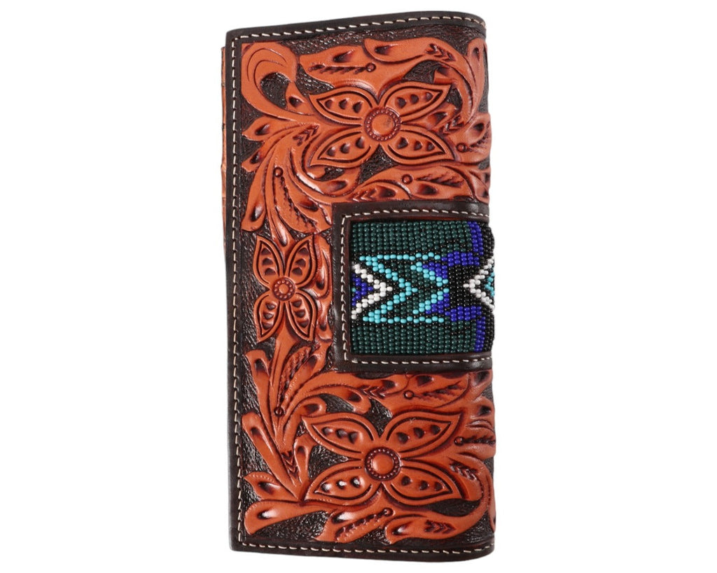 Fort Worth Rodeo Wallet - Aztec Design in Blue or Turquoise this hand-tooled rodeo wallet boasts a stunning Aztec design with intricate beading