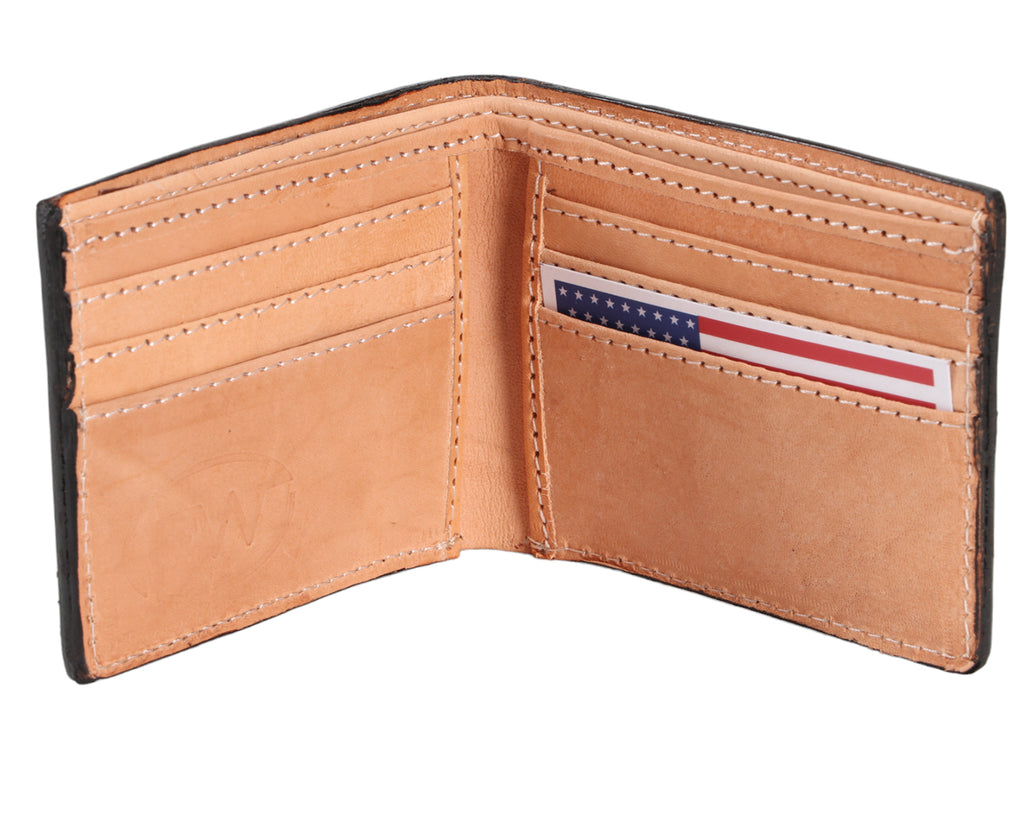 Fort Worth Bi-Fold Wallet in Blue Aztec - handcrafted by superior craftsmen with genuine leather and offering plentiful storage space