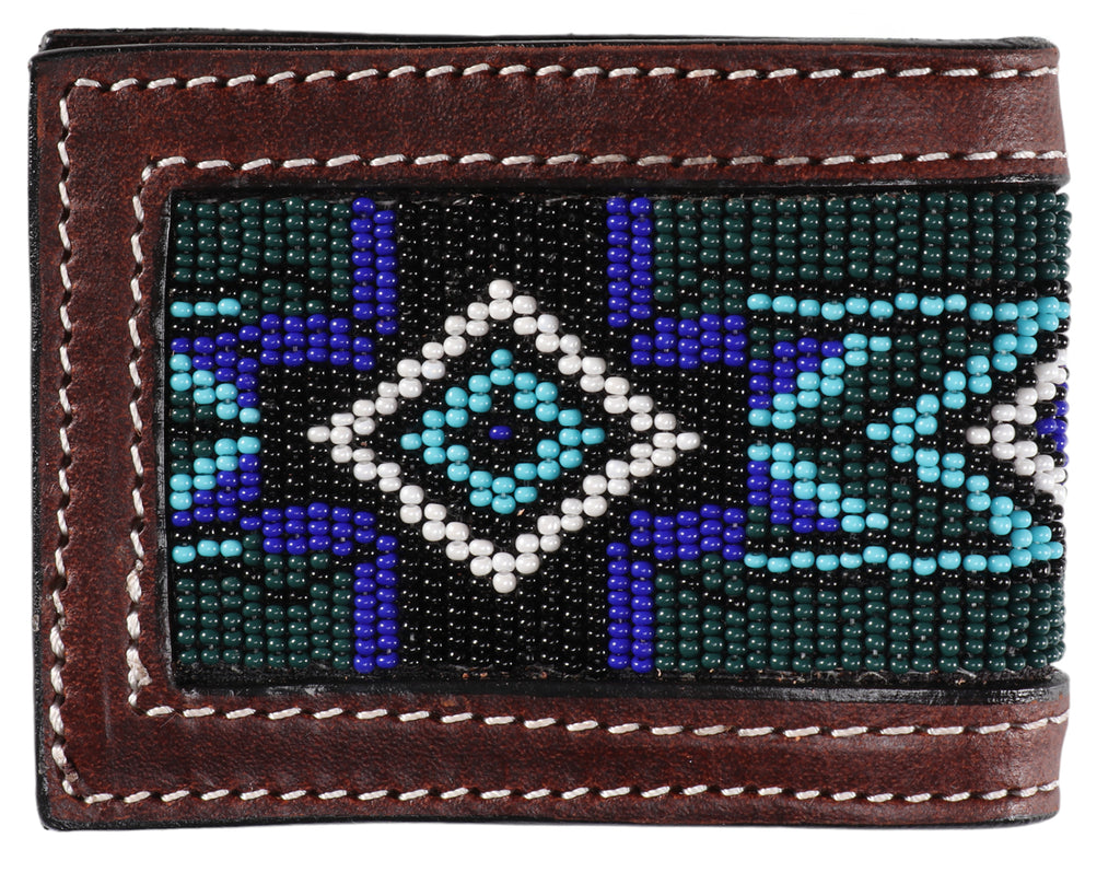 Fort Worth Magnetic Money Clip Wallet in Blue Aztec - expertly crafted with leather and adorned with intricate beading, the Fort Worth Magnetic Money Clip Wallet combines style and functionality