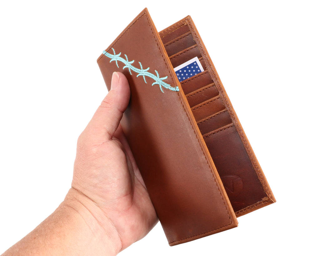 Fort Worth Rodeo Wallet with Turquoise Barbed Wire Design - high-quality leather material ensures durability and longevity, making it a practical choice for everyday use