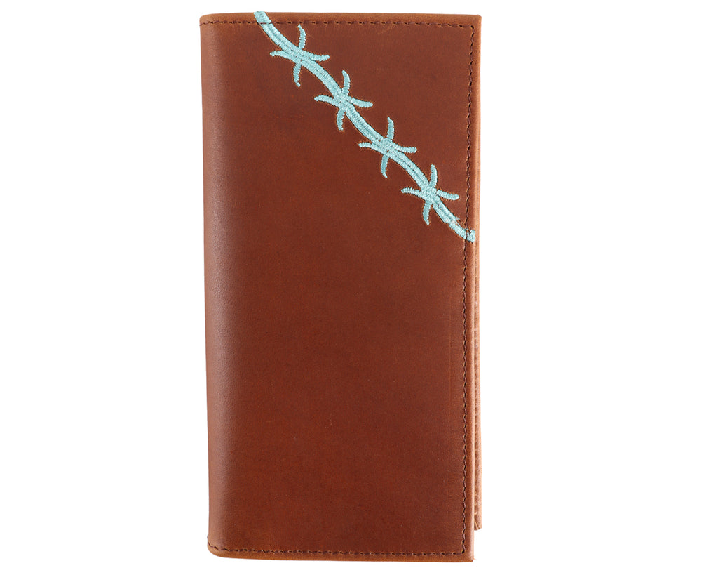 Fort Worth Rodeo Wallet with Turquoise Barbed Wire Design that features a unique pattern of barbed wire, giving it a rugged and authentic look