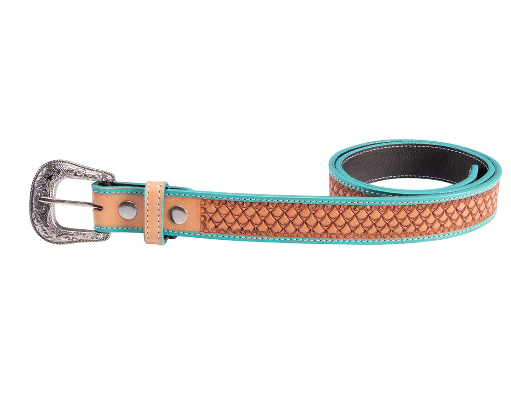 Fort Worth Turquoise Tooled Belt: Stunning Western-inspired accessory with intricate detailing. Strong yet supple with stainless steel hardware. Shop now at Greg Grant Saddlery.